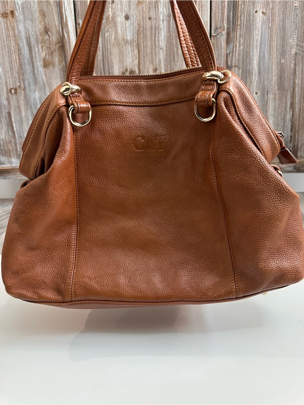 Spiced Brown Leather Shoulder Bag with Gold-Tone Hardware